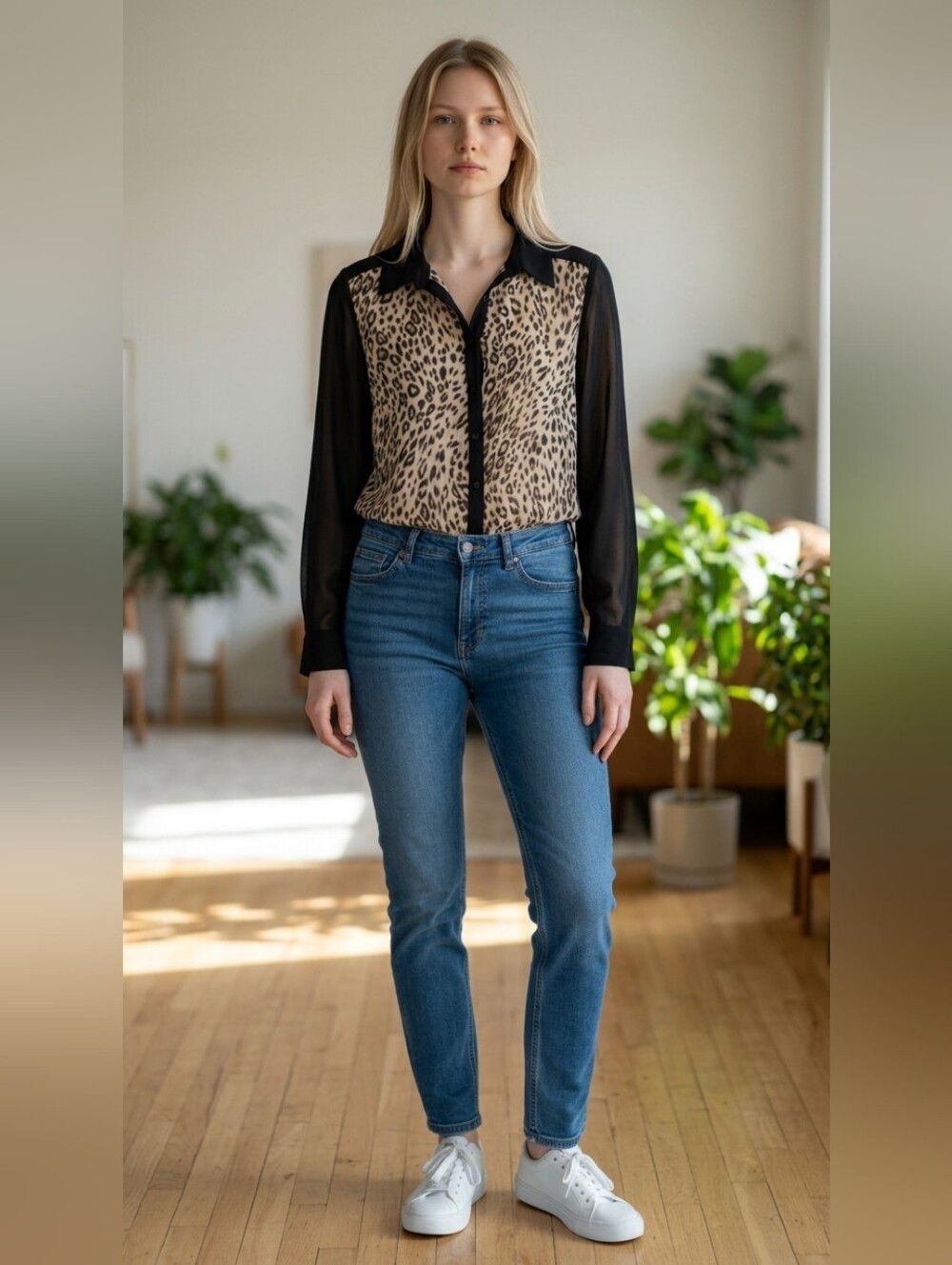 Chico's Black and Tan Long Sleeve Notched Collar Blouse